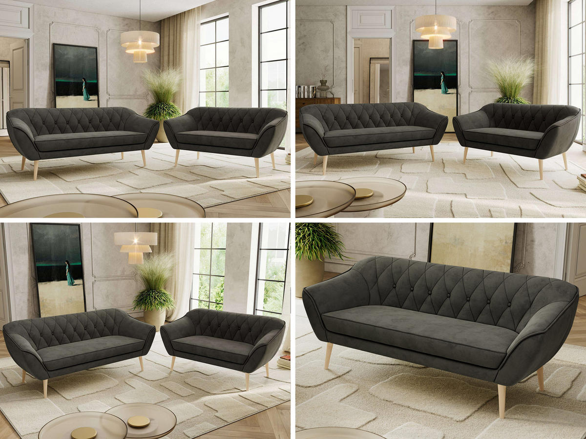 SEDACÍ SOUPRAVA 3+2 PIRS - Tmavě šedá Samet - Dřevěné nohy - tmavě šedá/barva buku, kompozitní dřevo/textil (180/75/74cm) - MKS