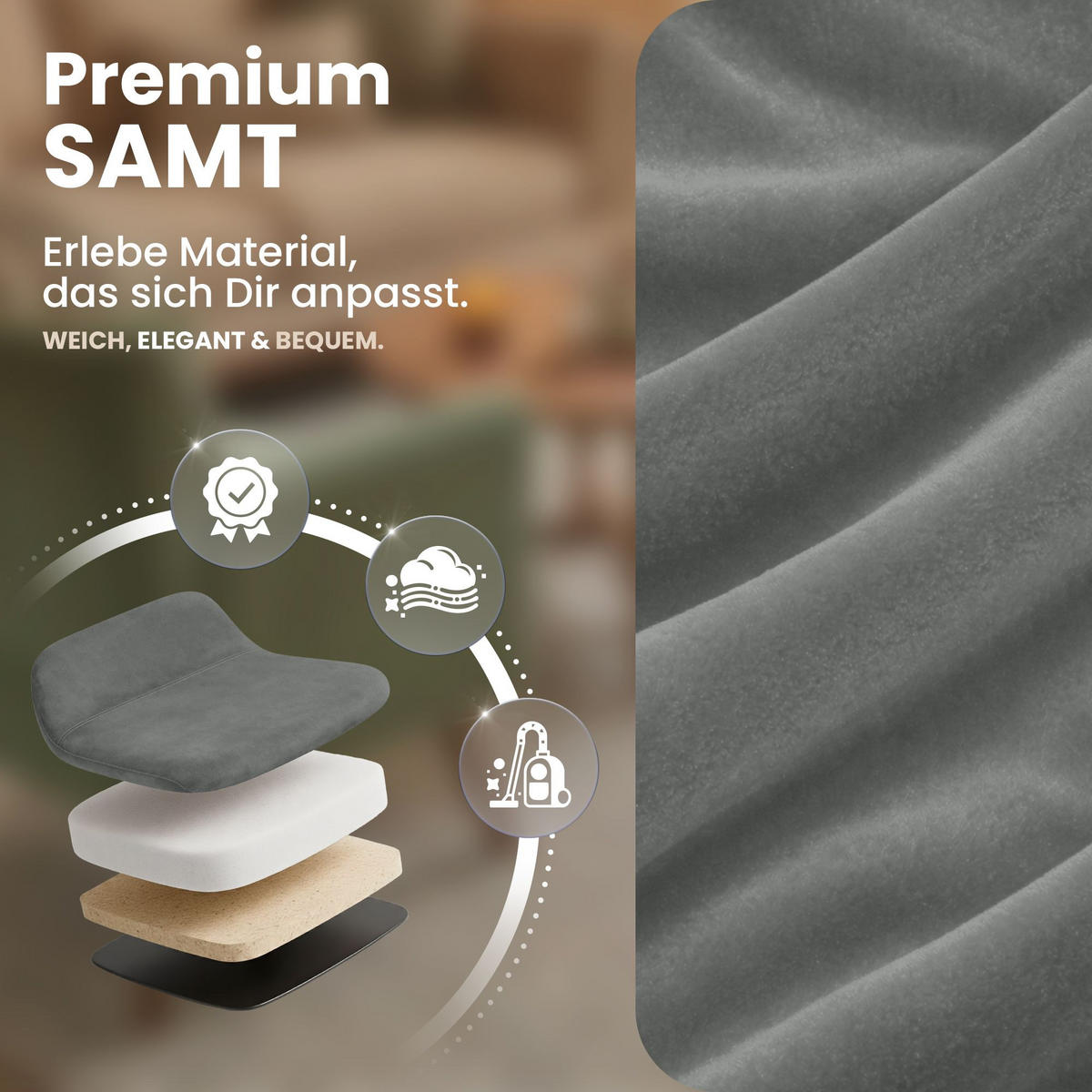 STUHL Samt Grau - Eukalyptusholzfarben/Grau, Holz/Textil (49/83/50cm) - CLP