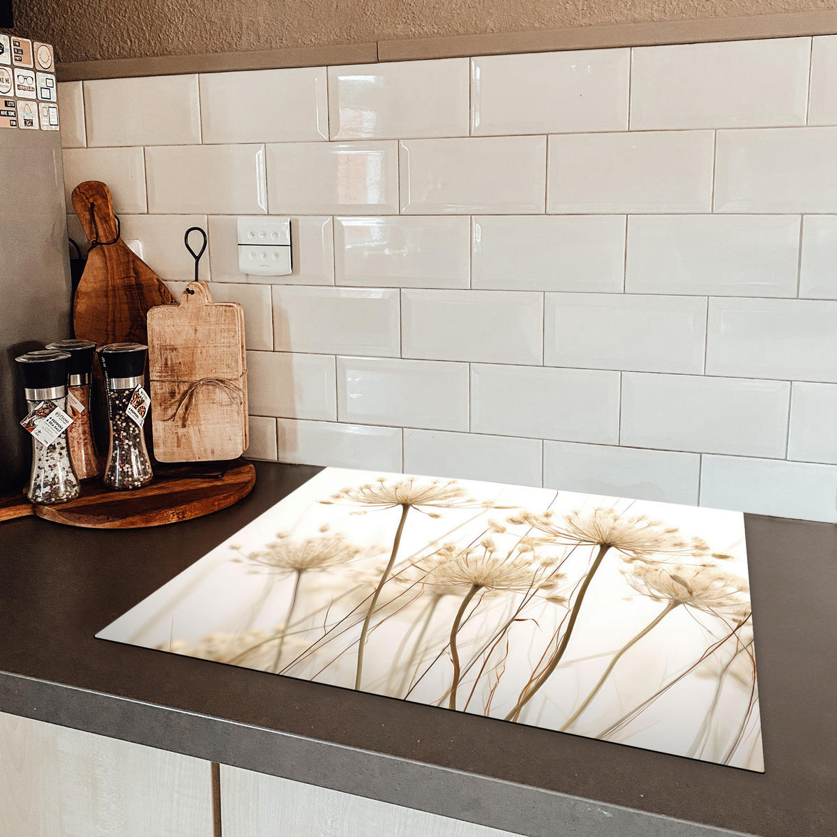 HERDABDECKPLATTE Blumen - Weiß - Sonnenlicht Herdabdeckung Induktionsfeld 65x52 cm - Ecru, Kunststoff (65/52/0.2cm) - MuchoWow