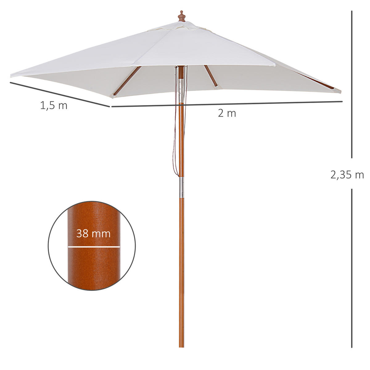 SONNENSCHIRM, Tannenholz, Bambus, Creme - Creme, Holz/Naturmaterialen (150/200cm) - Outsunny