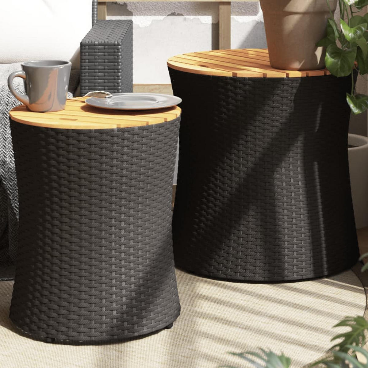 GARTEN-BEISTELLTISCHE 2 Stk. Mit Holzplatte Schwarz Poly Rattan - Schwarz, Kunststoff (50/50/50cm) - vidaXL