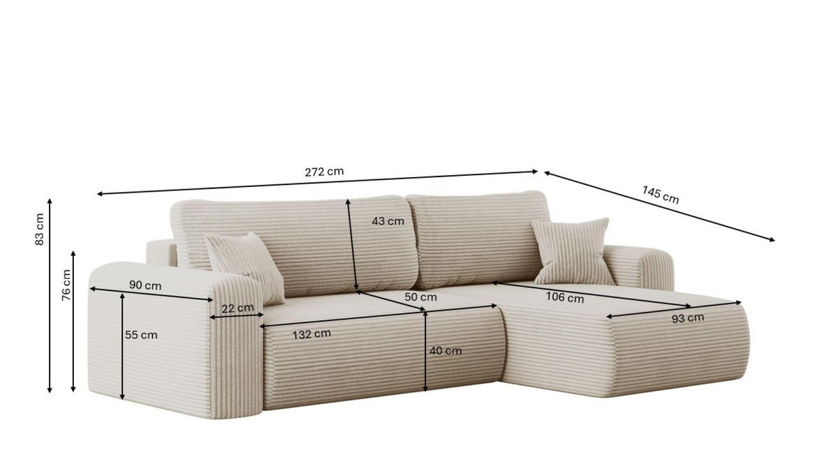 ECKSOFA Mit Schlaffunktion und Stauraum für Bettzeug Capri Stoff Poso Ecru Rechts - Ecru, Holz/Textil (272/145cm) - Kaiser Möbel