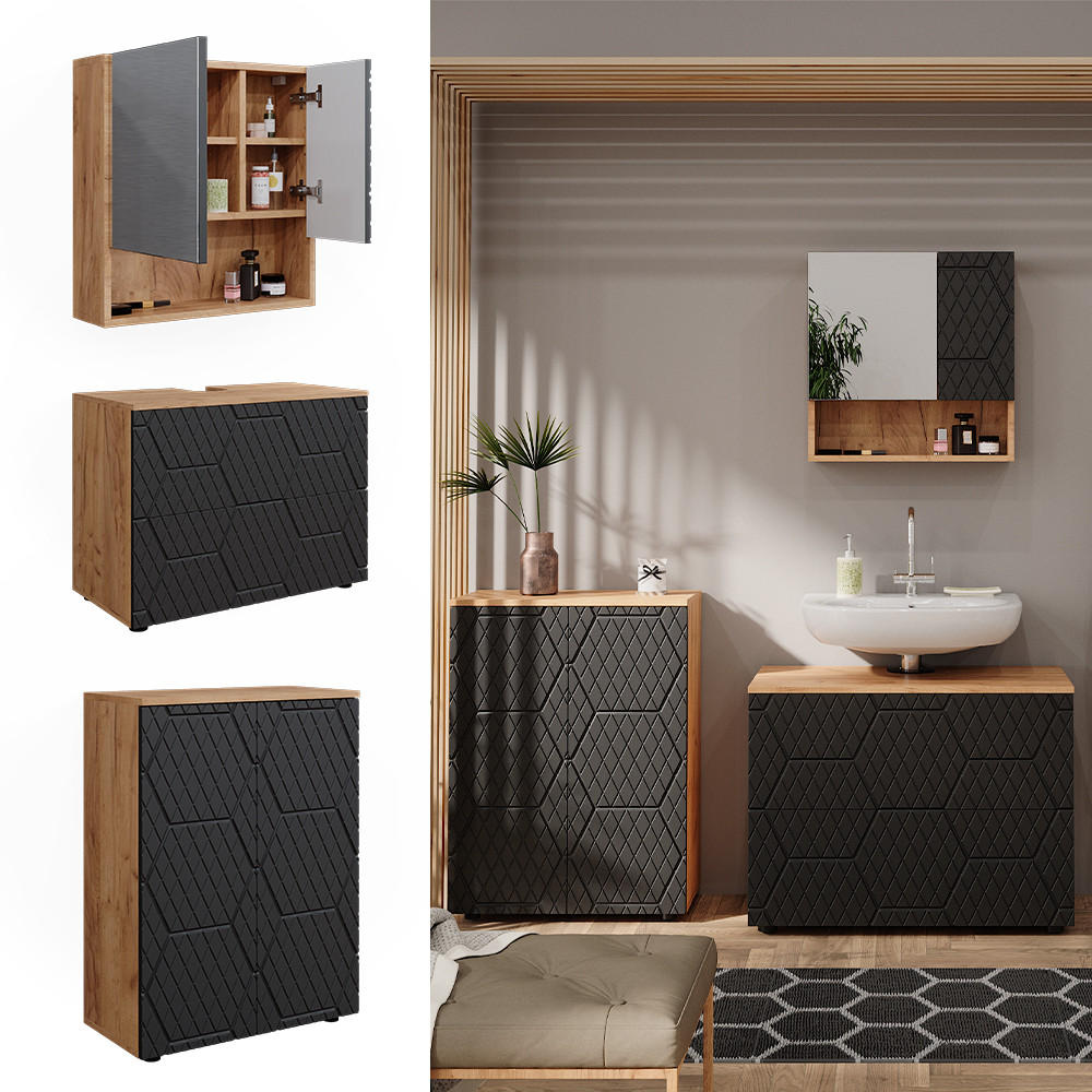 BADMÖBEL-SET Irma Anthrazit gestreift 3 Teile, mit Unterschrank 80 cm - Honigeiche/Anthrazit, Holzwerkstoff (80/58/41cm) - Vicco