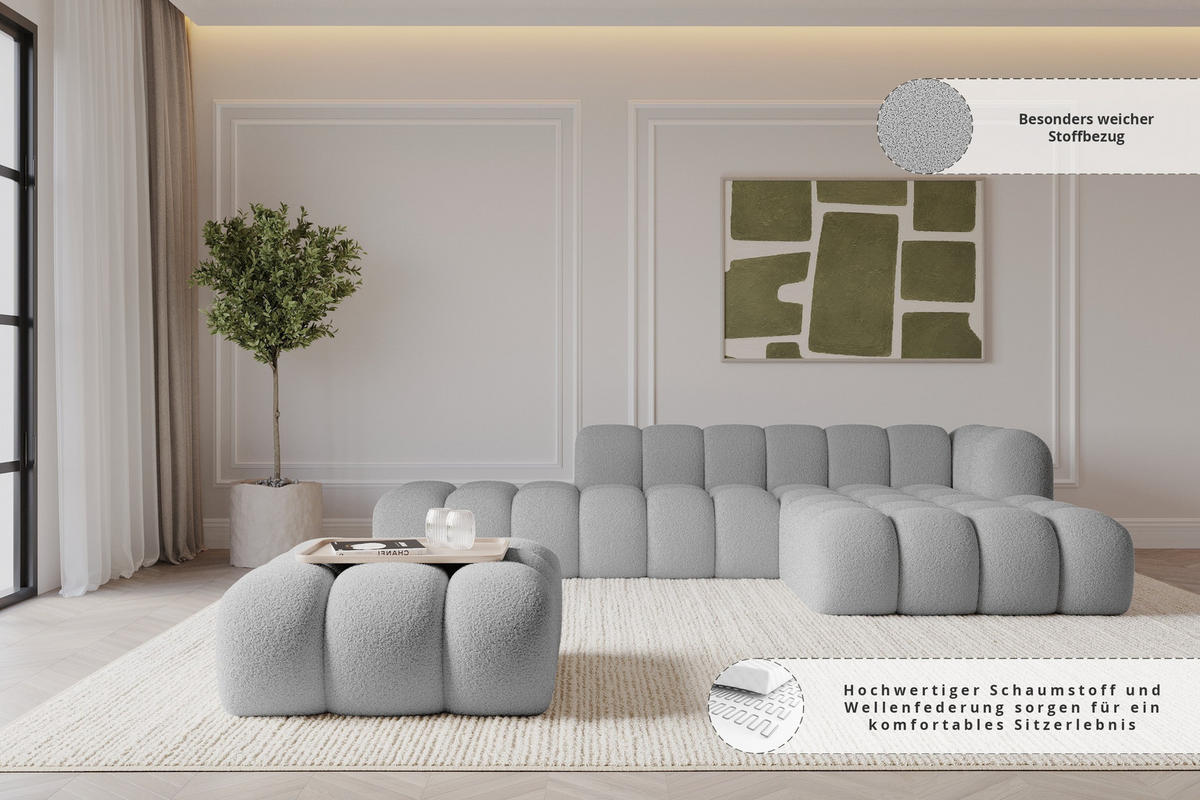 TABURET OLEA-PUF 91x87x44 cm Světle šedá Buklé - černá/barva stříbrného dubu, kompozitní dřevo/textil (91/44/87cm) - ALTDECOR