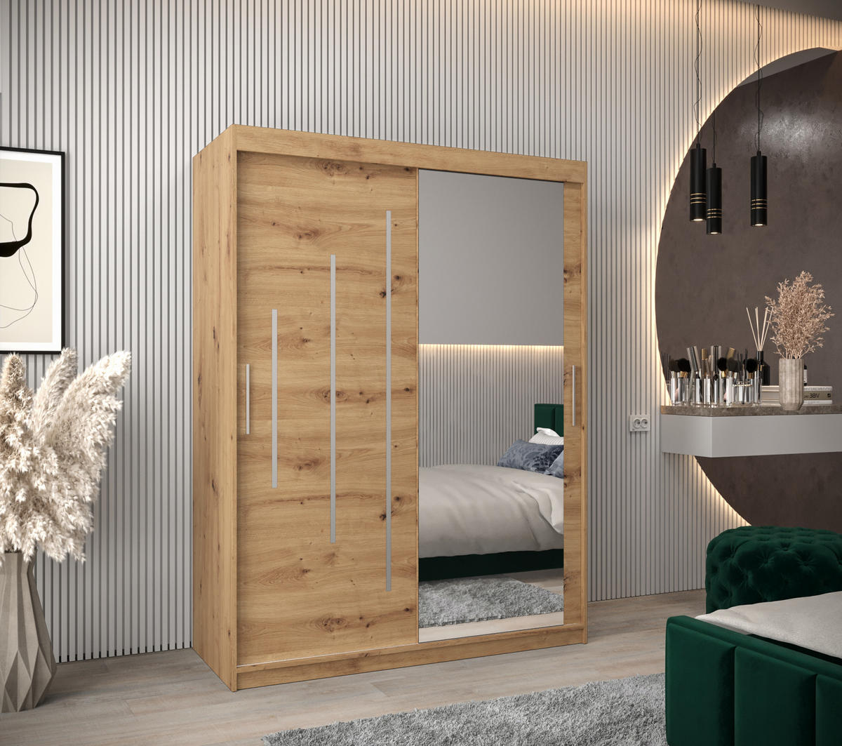 SCHWEBETÜRENSCHRANK 200/150/62 2-türig - Silberfarben/Eiche Artisan, Holz/Kunststoff (150/200/62cm) - Abiks Möbel