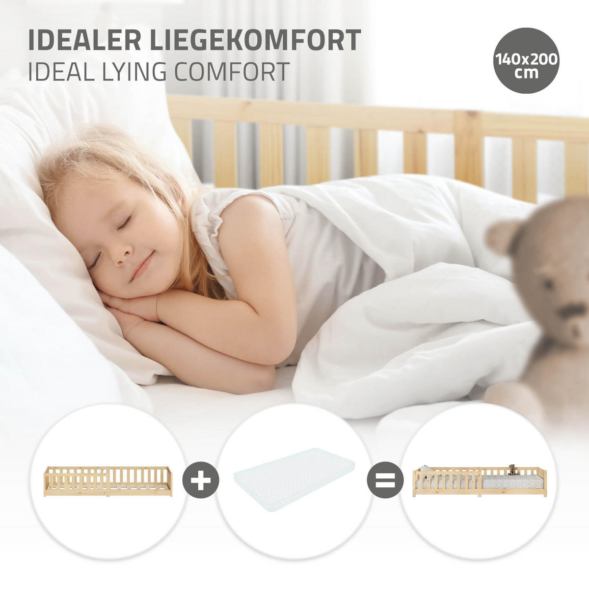KINDERBETT 140x200 cm Natur aus Kiefernholz - Naturfarben, Holz (200/140cm) - ML-DESIGN