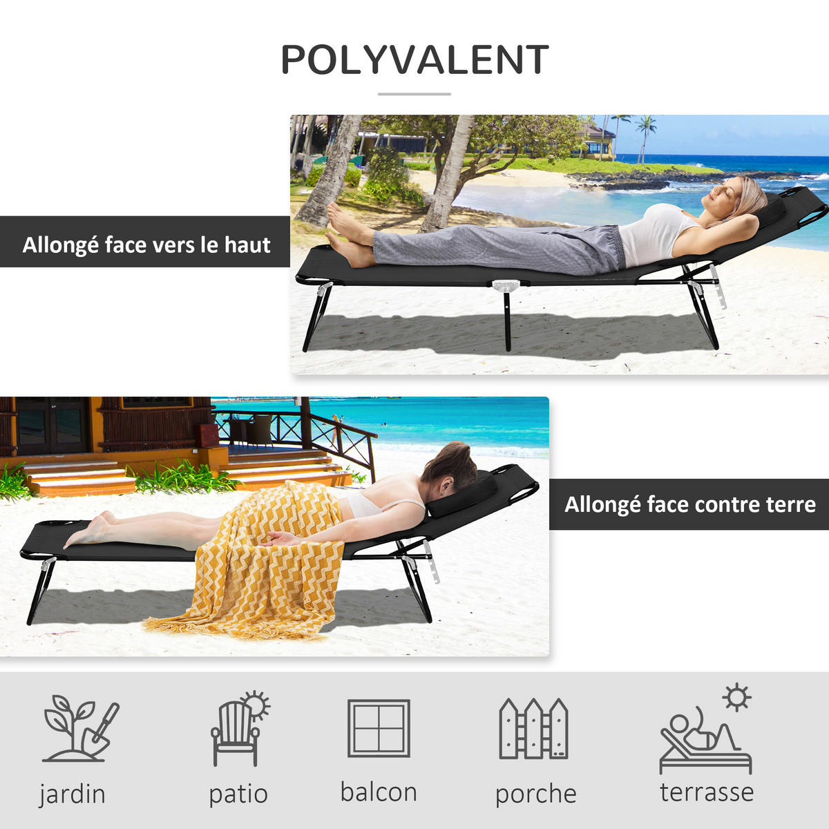 SONNENLIEGE DE-15589 klappbar, 4-fach verstellbar Schwarz - Schwarz, Metall (58/36/187cm) - ComfortXL