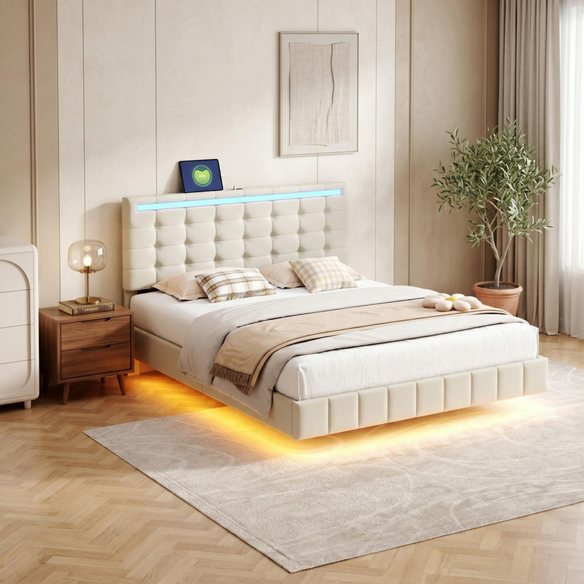 POLSTERBETT 160x200 cm beige Leinenoptik mit LED, USB-Anschlüssen & Lattenrost - Beige, Holz - SHOPENTRA