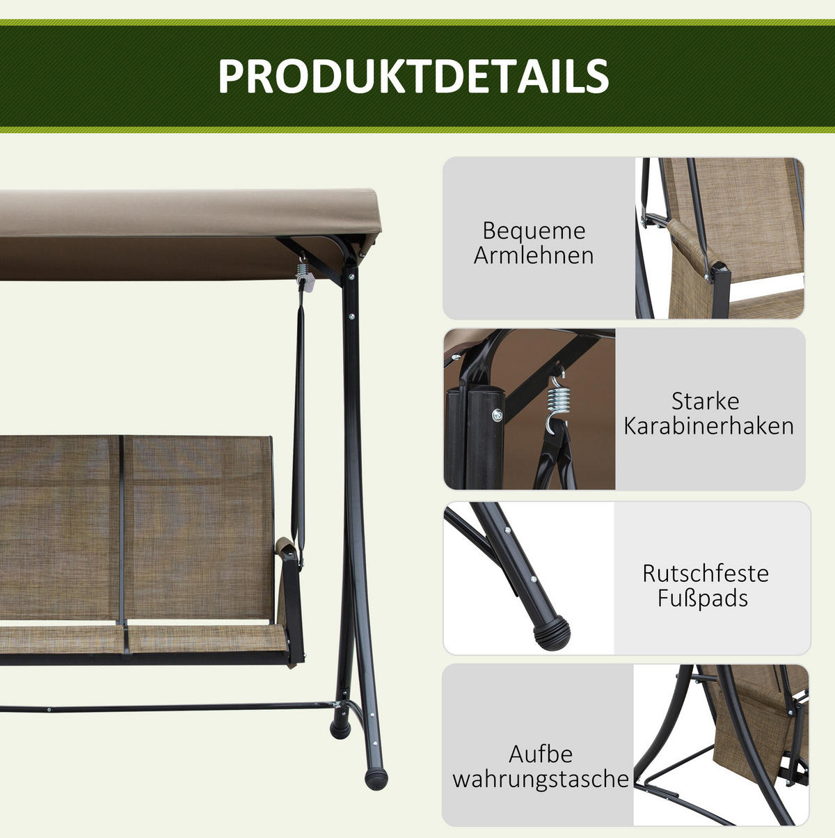HOLLYWOODSCHAUKEL aus Metall 196 x 128 x 172 cm in Braun mit verstellbarem Sonnendach - Braun, Metall (128/172/196cm) - Modfu