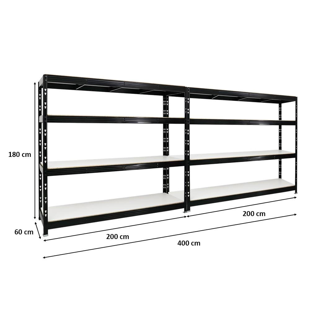 SCHWERLASTREGAL Rhino 2er-Set mit 2x 180x200x60 cm 4 Melamin-Ebenen 16mm Fachlast 500 kg Schwarz - Schwarz, Metall (400/180/60cm) - PROREGAL