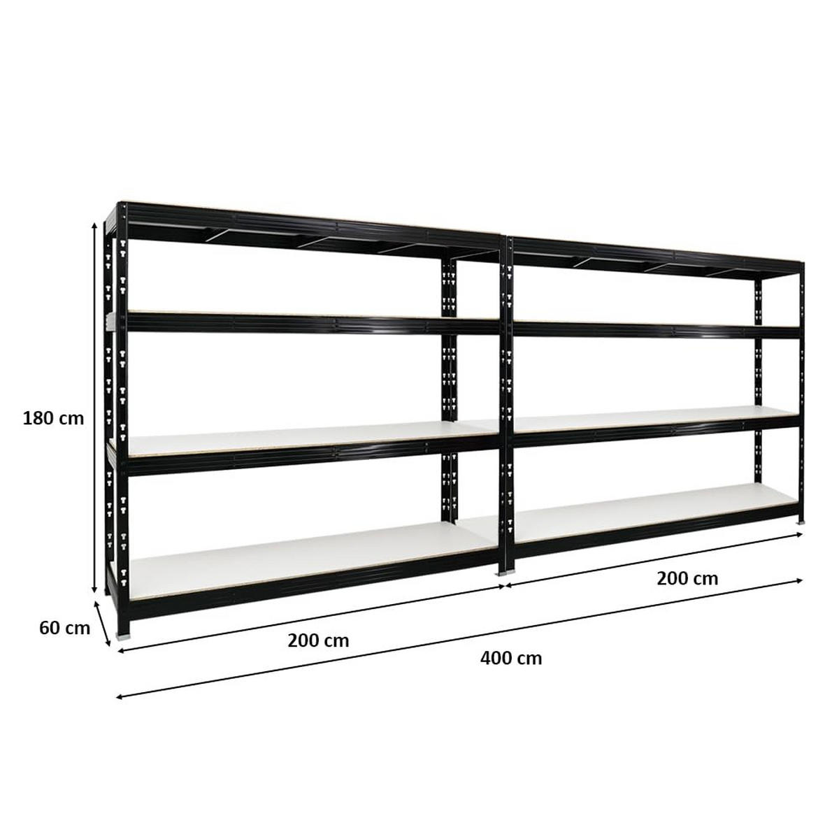 SCHWERLASTREGAL Rhino 2er-Set mit 2x 180x200x60 cm 4 Melamin-Ebenen 16mm Fachlast 500 kg Schwarz - Schwarz, Metall (400/180/60cm) - PROREGAL