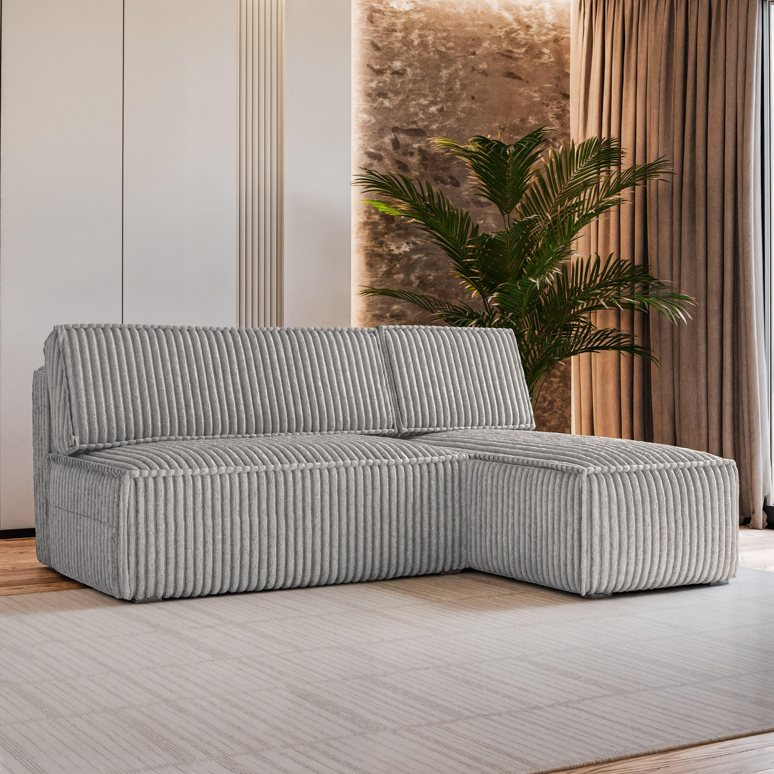ECKSOFA BRISO T Hellgrau Kordstoff mit Schlaffunktion - Grau, Holz (200/140cm) - MASSENO