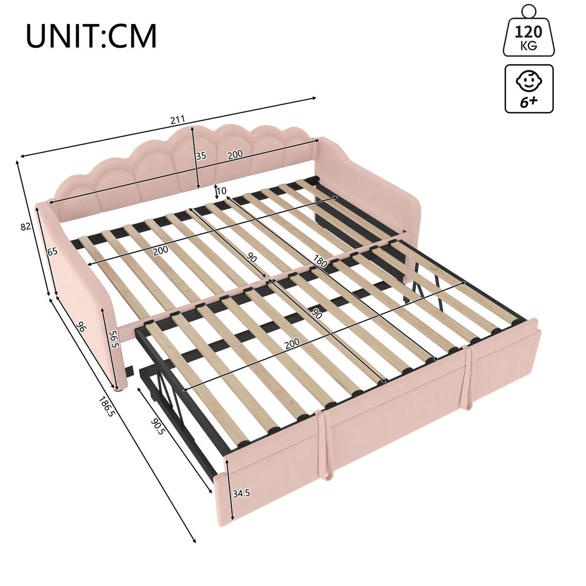 TAGESBETT 180/200 cm rosa aus Samt mit Ausziehbett und LED - Rosa, Textil (90/200cm) - OKWISH