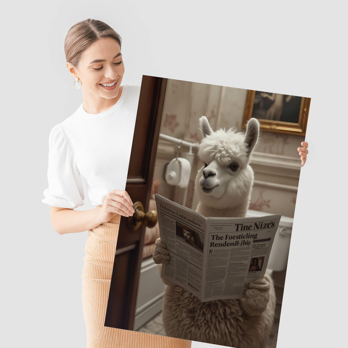 POSTER für WC Badezimmer ALPAKA mit Zeitung auf Toilette Abstraktion 50x70cm - Beige/Schwarz, Papier (50/70/70cm) - Muralo