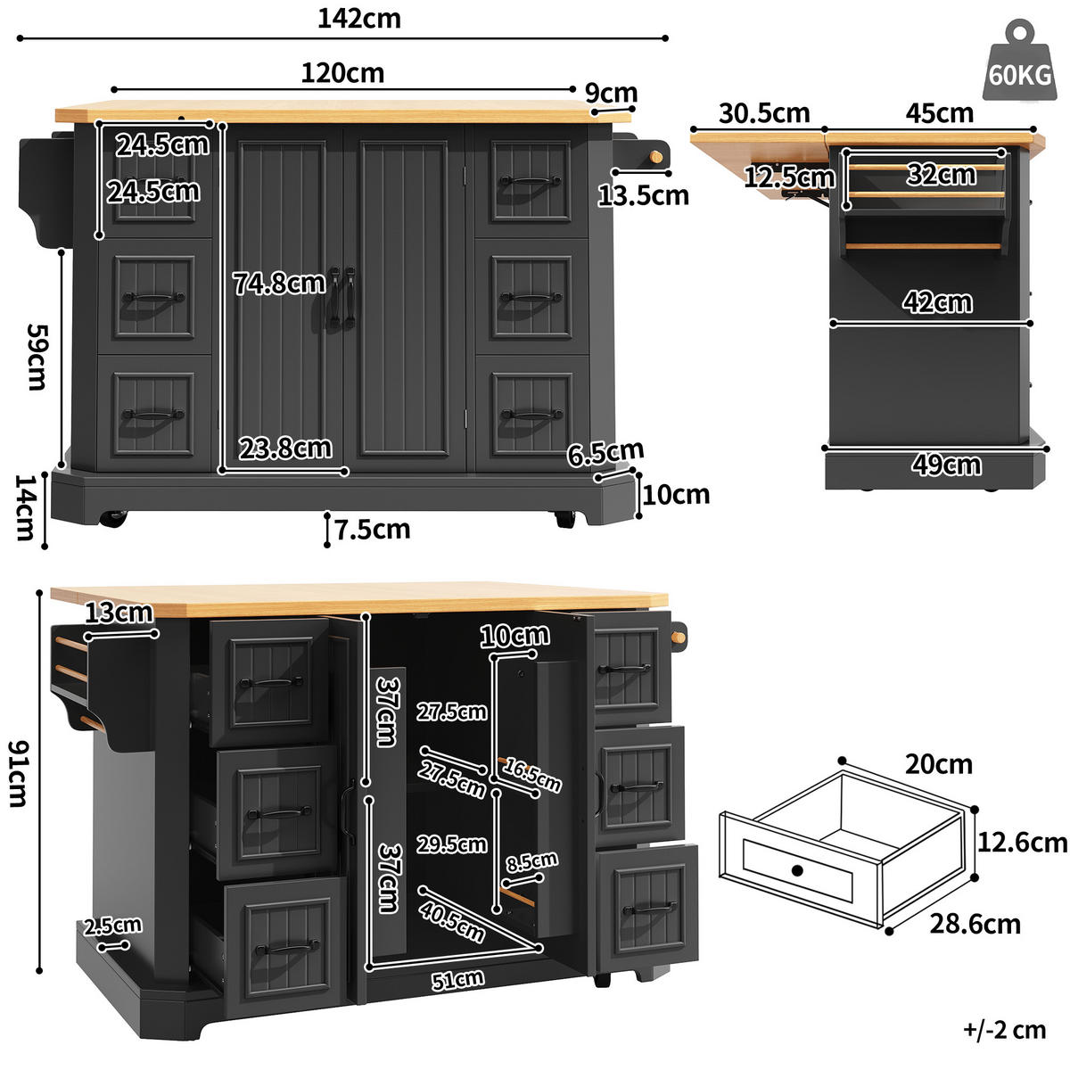 KÜCHENINSEL 120x75x91cm Schwarz mit 6 Schubladen & 2 Türen - Schwarz, Holzwerkstoff (120/91/75cm) - Modfu