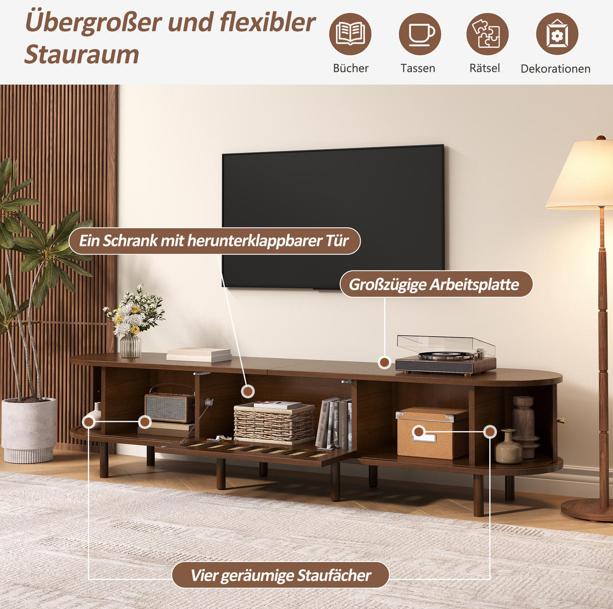 LOWBOARD 180/40/40 cm mit Klapptür, 2 Rollladentüren und 5 Fächern in Rattanoptik, Walnussfarben - Braun, Holzwerkstoff (180/40/40cm) - Redom