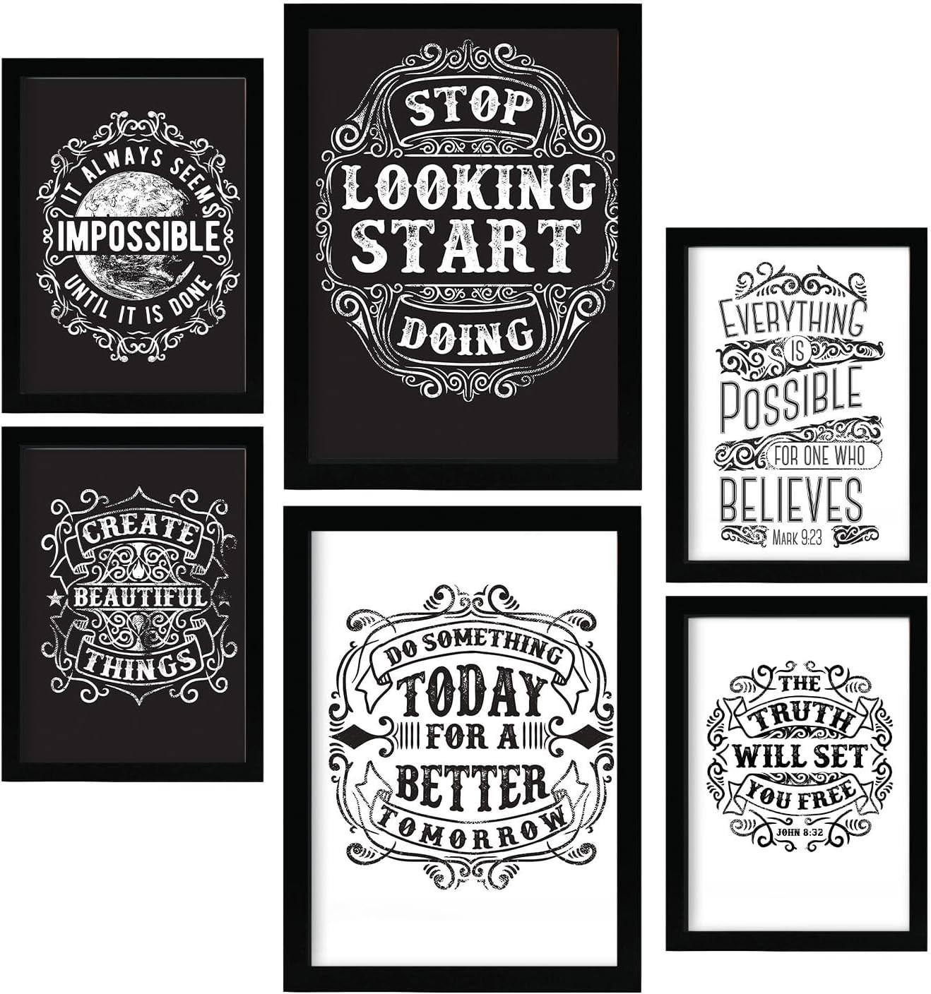 POSTER Set Mit 6 Motivierend In Rustikale Zitate A3 & A4 Schwarzer Rahmen - Schwarz, Papier (29/3cm) - Nacnic
