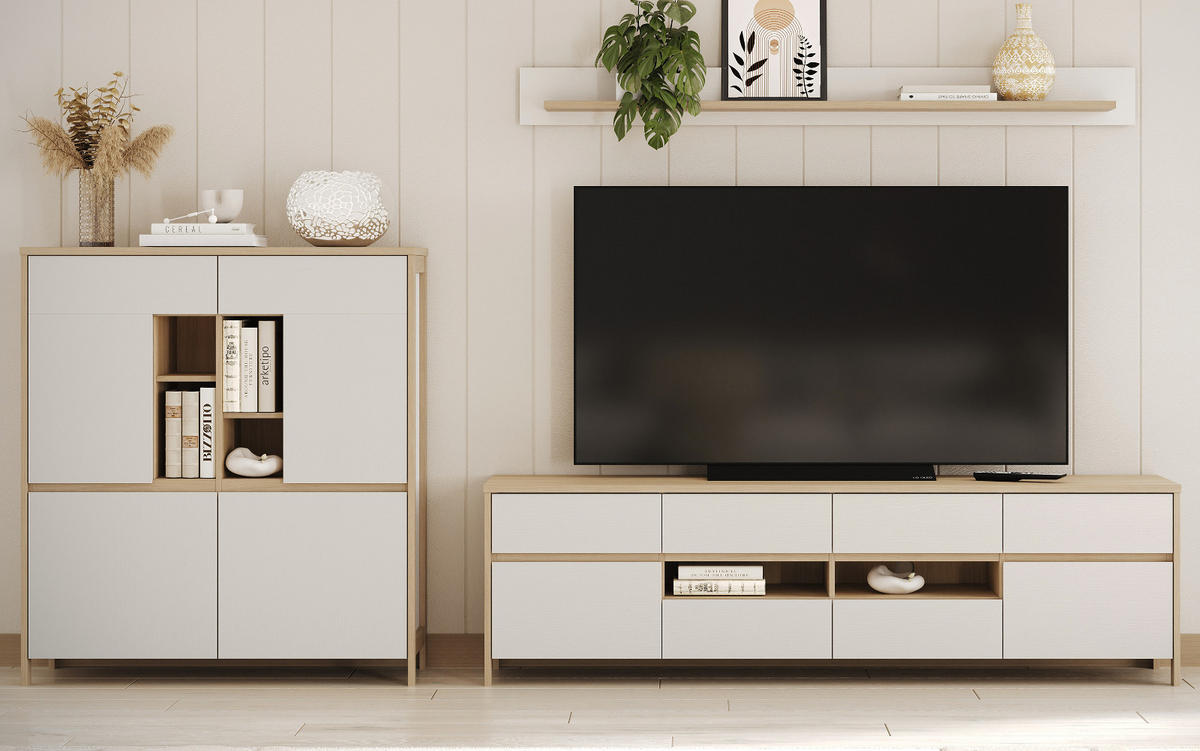 WOHNWAND weiß und Eiche Wohnkombination skandinavisch 3-teilig 319 cm, Soft-Close, Finnes - Eichefarben/Weiß, Glas/Holzwerkstoff (319/170/39cm) - Furn.Design