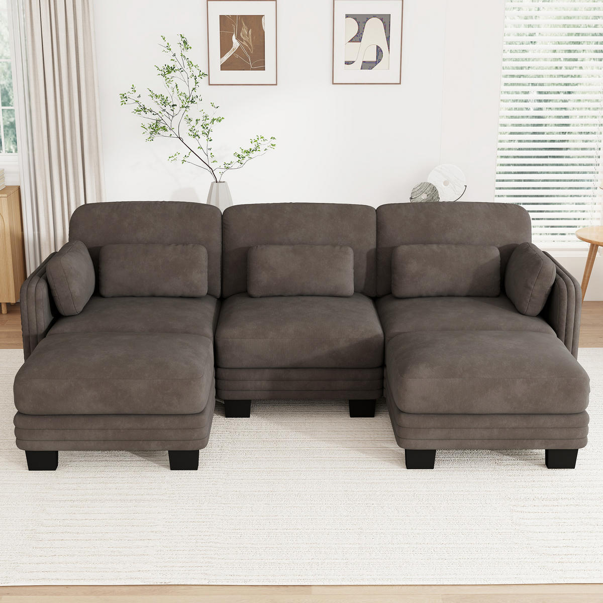 WOHNLANDSCHAFT U-Form 3-Sitzer mit 2 Hockern, DE-42686, Braun - Braun, Holz (253/88/143cm) - ComfortXL
