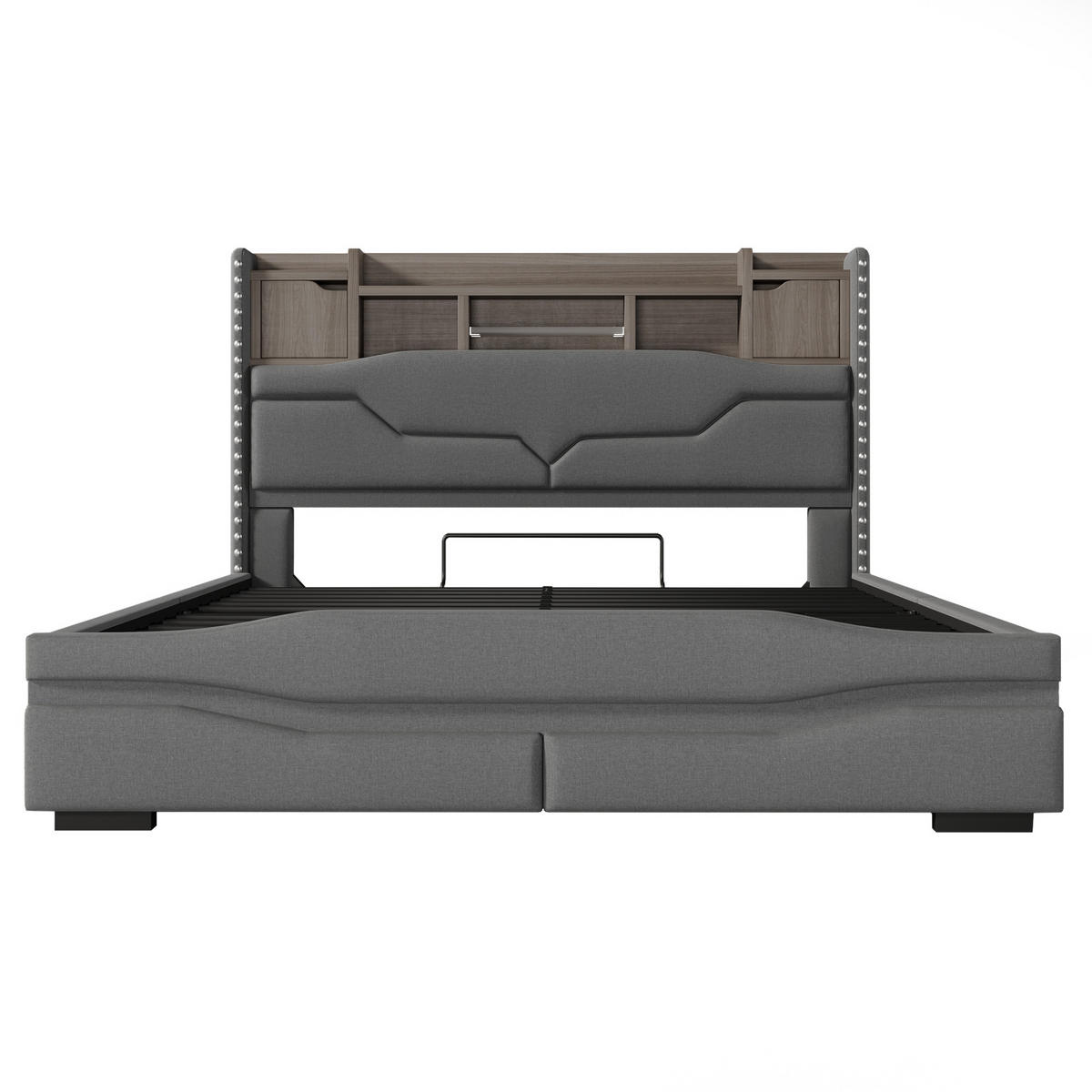 POLSTERBETT 160x200cm Grau USB-C LED-Licht Kopfteil Hydraulik - Grau, Holz (160/200cm) - FLIEKS