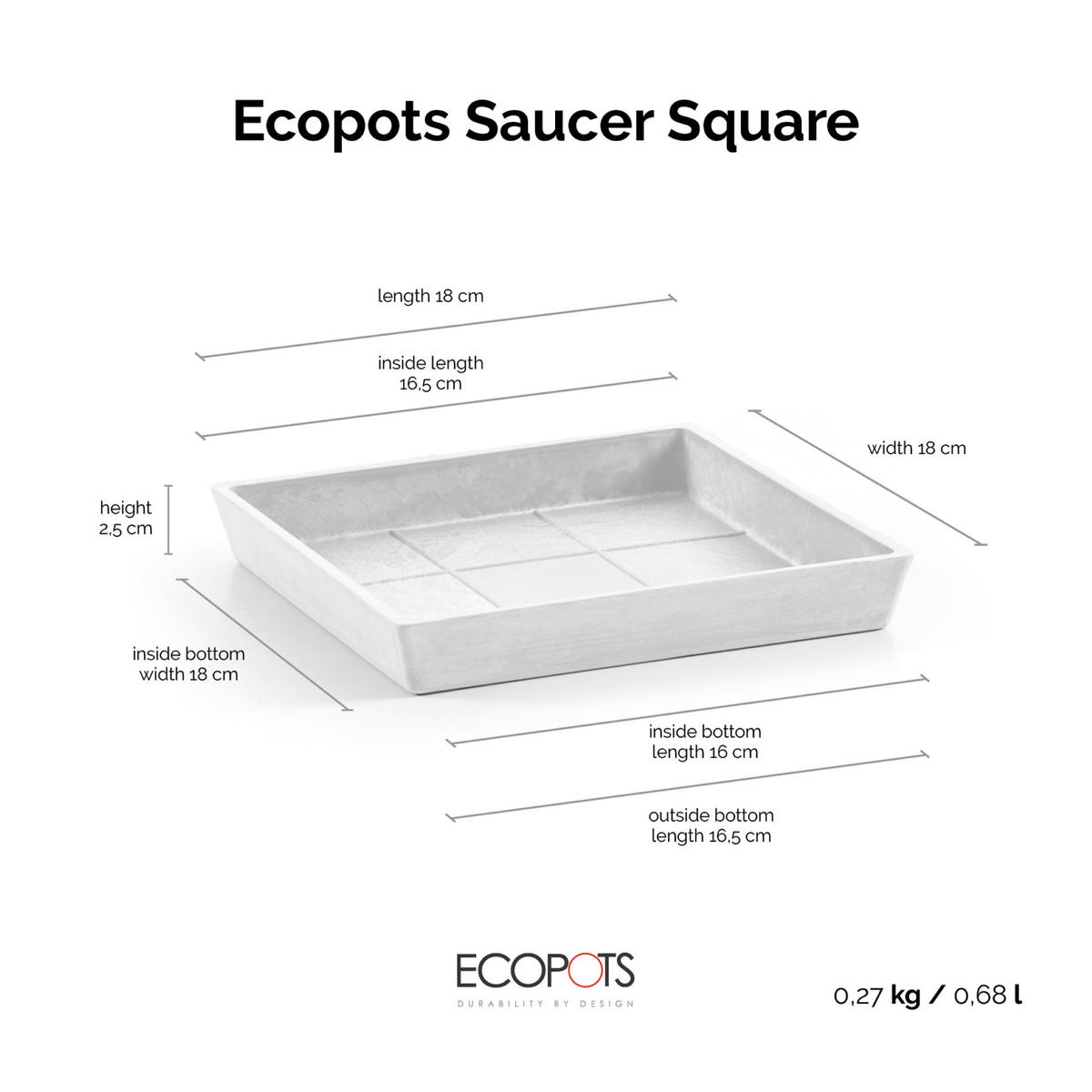 BLUMENTOPFUNTERSETZER quadratisch 18/18/2,5 cm Weiß - Weiß, Kunststoff (18/2.5cm) - Ecopots