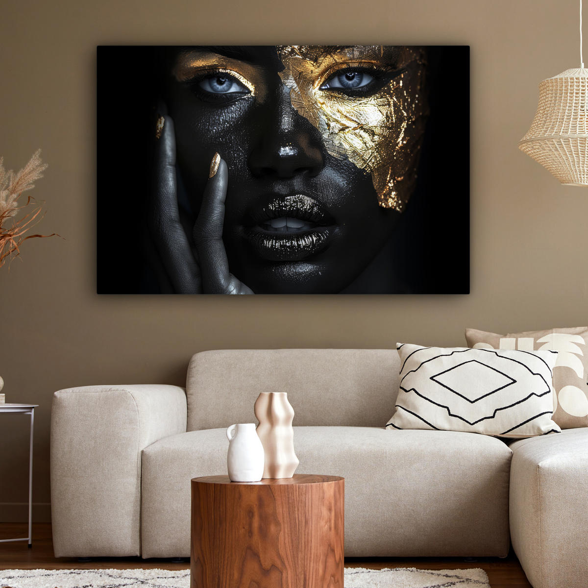 LEINWANDBILD Frau - Gold - Porträt - Schwarz-Weiß - Luxus Groß 140x90 cm - Hellblau, Textil (140/90cm) - MuchoWow
