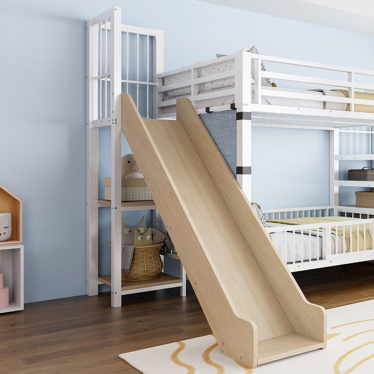 METALL-ETAGENBETT Kinder Weiß 90/200 cm mit Rutsche und Stauraumtreppe - Weiß, Metall - ComfortXL