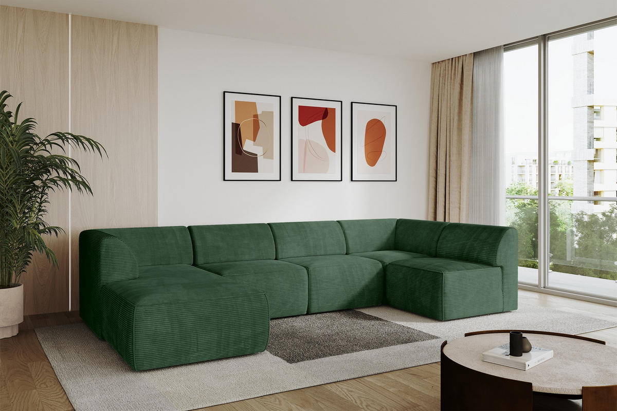 WOHNLANDSCHAFT Ottomane Links MOVO-L 345x180x78 cm Grün Cord - Waldgrün/Schwarz, Holzwerkstoff/Kunststoff (180/78/345cm) - ALTDECOR