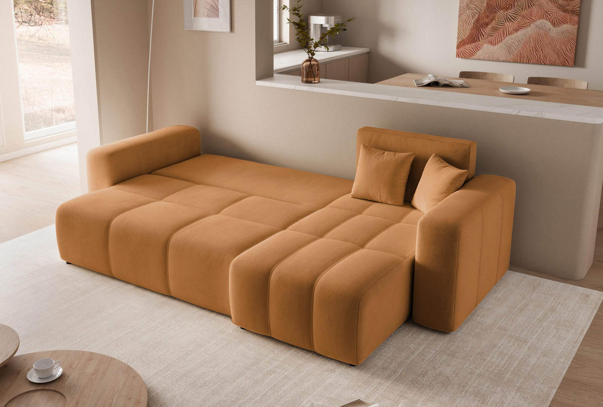 ECKSOFA Senfgelb Velours mit Bettkasten und Schlaffunktion - Honig, Textil (248/145cm) - Idohome