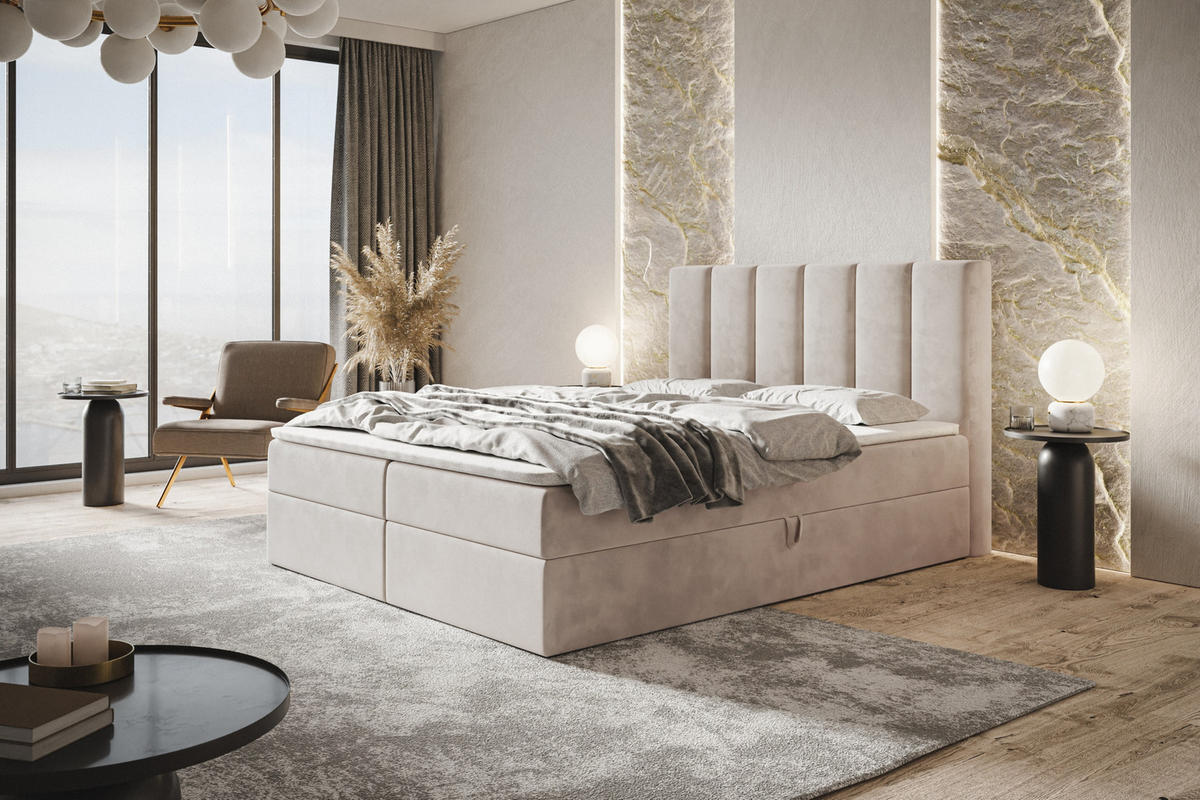 BOXBETT TOKIO mit 2 Bettkästen, 140x200, Farbe: Beige, Velourstoff, Doppelbett mit Bonell-Matratze - Beige, Holz/Kunststoff (140/200cm) - Alpi-Möbel