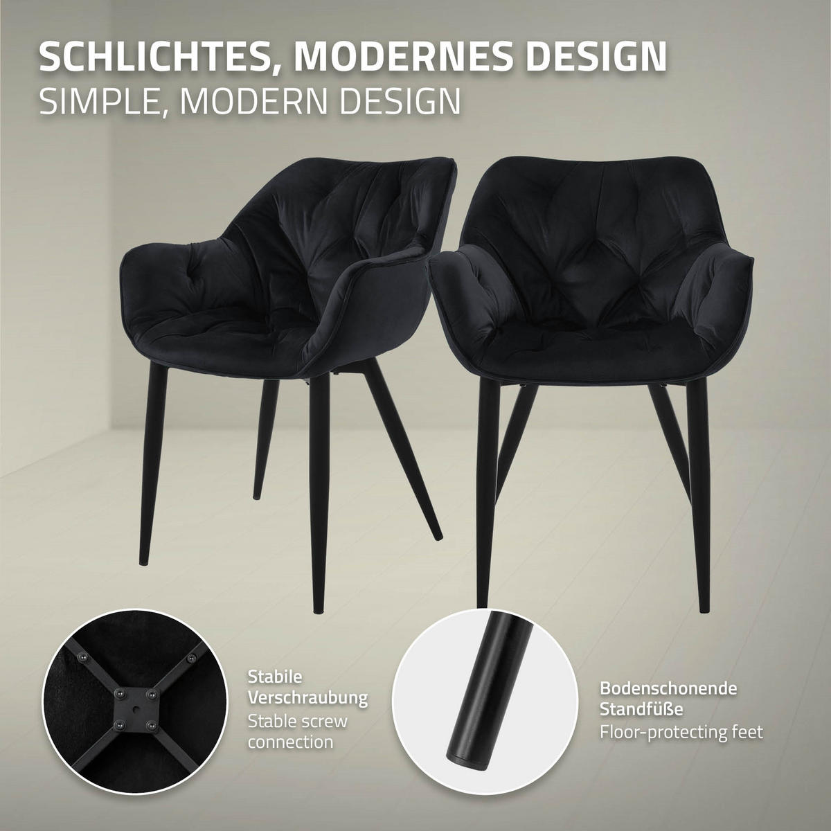 JÍDELNÍ ŽIDLE, sada 2 ks, antracitový samet - černá, kov (67/83/59cm) - ML-DESIGN