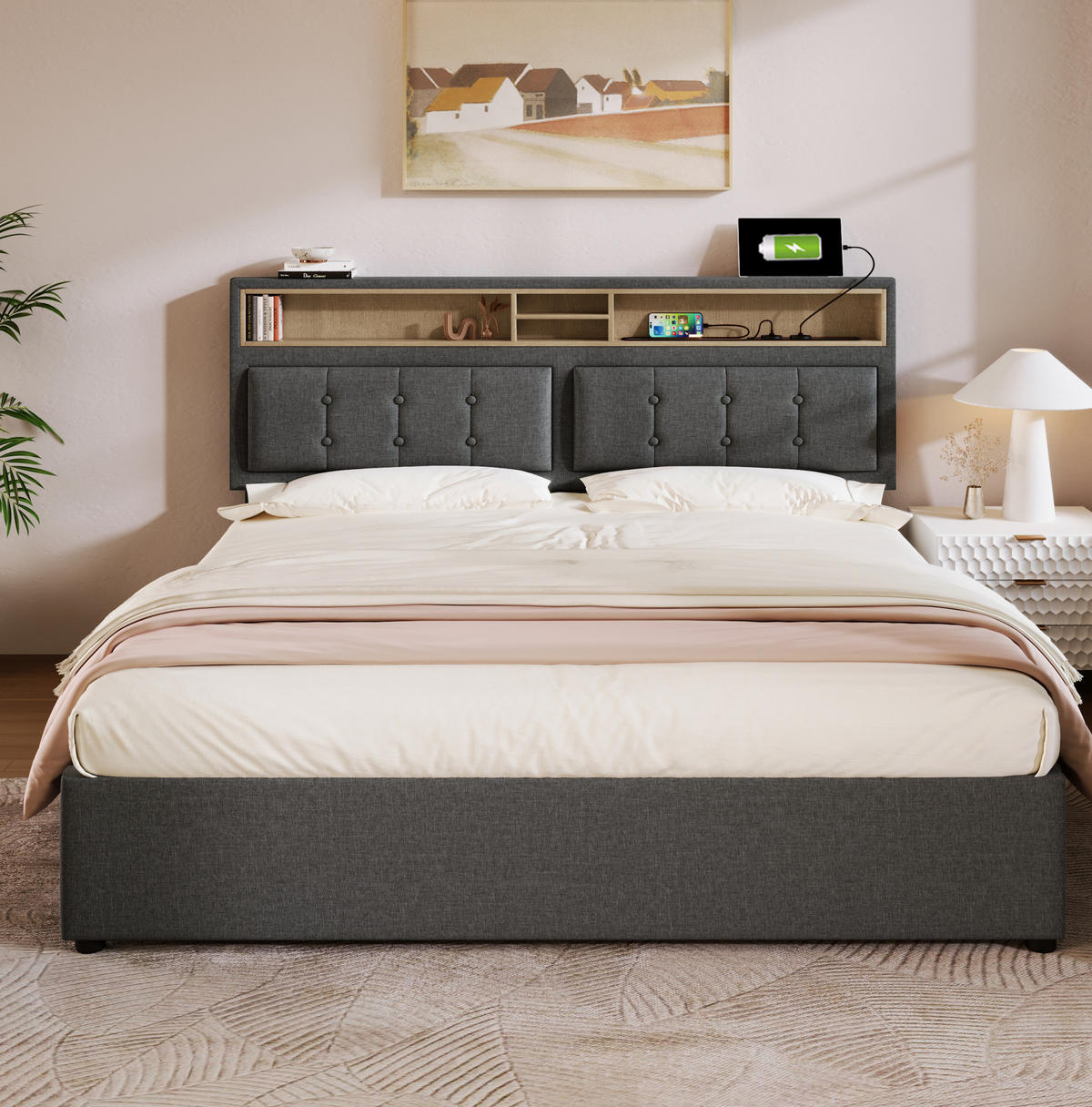 BETT mit 4 Schubladen & USB-C 140x200 cm Leinen Grau - Grau, Metall (140/200cm) - Meubliv