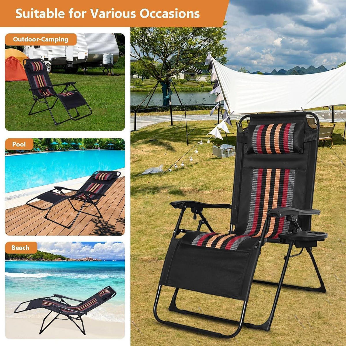 SONNENLIEGE Klappbar Extra Breit 72 cm mit Getränkehalter und Kopfstütze - Multicolor, Textil (175/80/72cm)