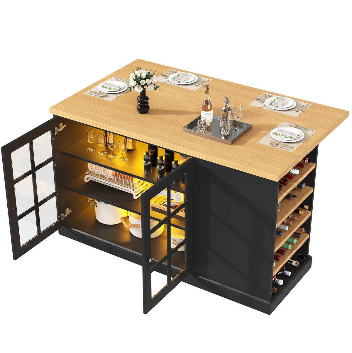 KÜCHENINSEL klappbar mit LED 120 x 40-70 x 90 cm Schwarz - Schwarz, Holz (70/90/120cm) - Beauniv