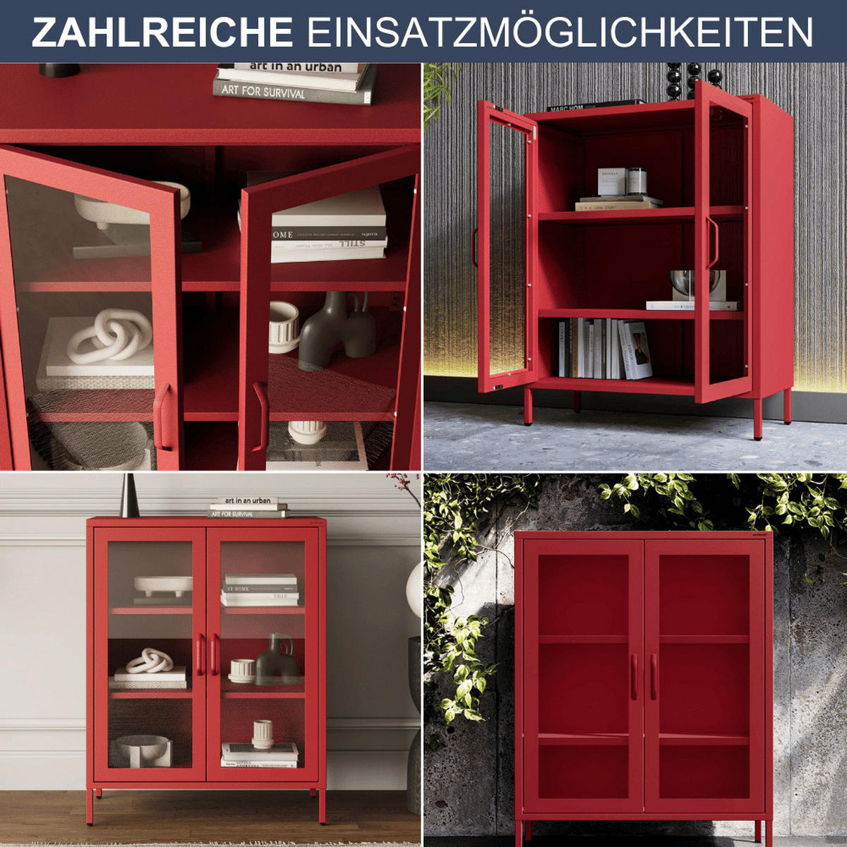 VITRINENSCHRANK Wohnzimmer klein EKER 101,5x80x40cm Rot - Rot, Metall (80/101.5/40cm) - DELUKE