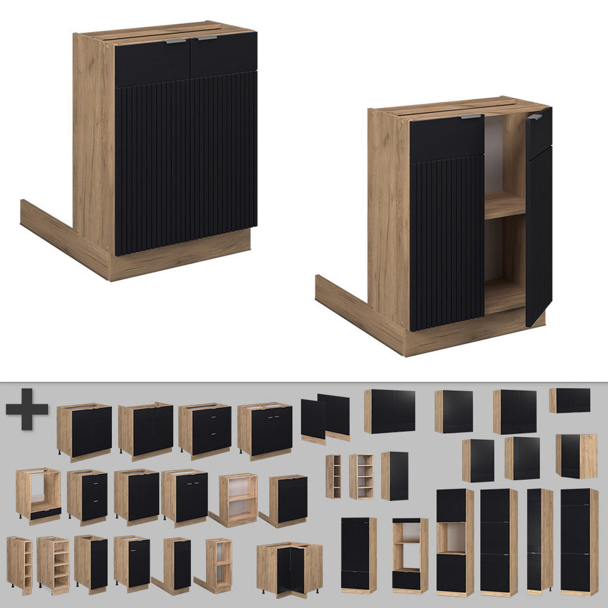 KUCHYŇSKÝ OSTROV Fame-Line, černé pruhy, 60 cm bez pracovní desky - medově dubová/černá, kompozitní dřevo (60/82/30cm) - Vicco