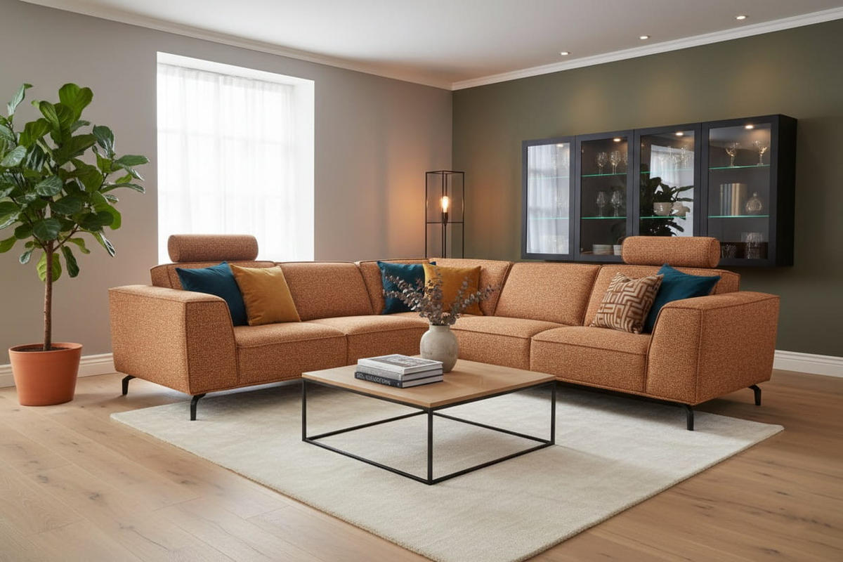 MODULARES Ecksofa Selena - Kupfer, Verstellbare Kopfstützen und Metall Füßen - Schwarz/Kupferfarben, Kunststoff/Textil (260/260cm) - KS Home Concept