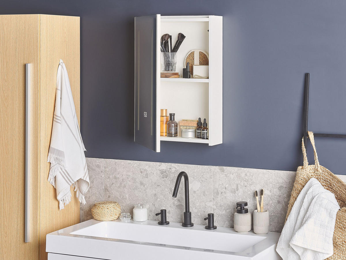 BAD SPIEGELSCHRANK weiß/silber mit LED-Beleuchtung 40/60 cm Cameron - Silberfarben/Weiß, Holz (40/60/12cm) - Beliani