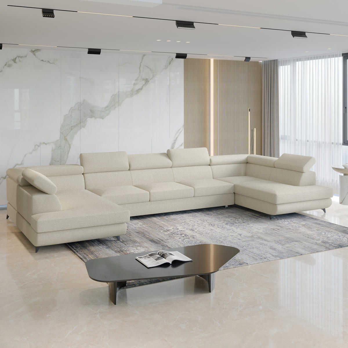 WOHNLANDSCHAFT URMANO Creme Boucle-Stoff mit Schlaffunktion - Creme, Holz (395/89/190cm) - MASSENO