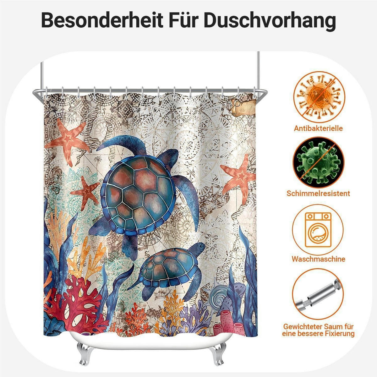 DUSCHVORHANG Schildkröte Seesterne 180 x 200 cm - Multicolor, Textil (180/200cm)