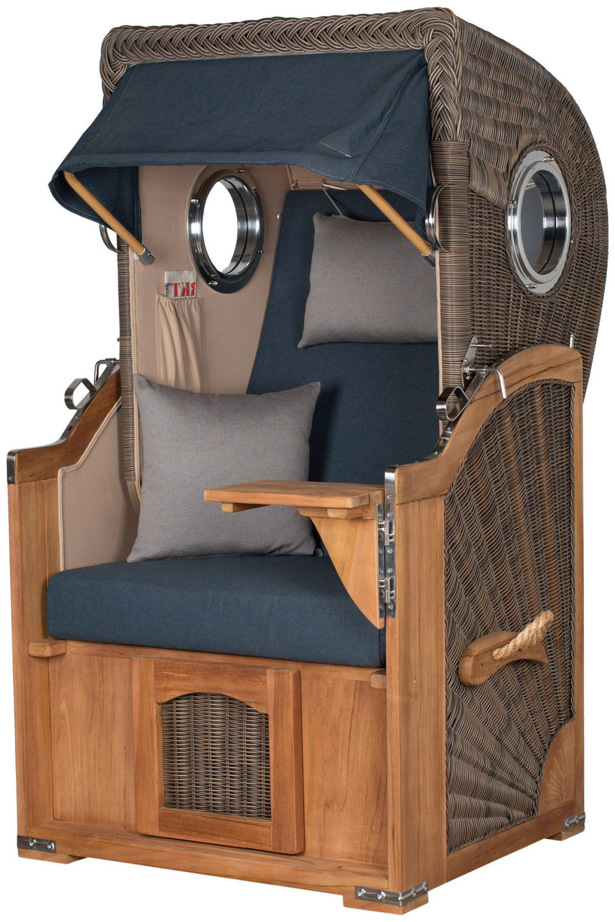 STRANDKORB Komplettset: Ammersee Single Teak Bullauge - PE grau - Modell 593 - Grau, Holz/Kunststoff (96/165/80cm) - bene living