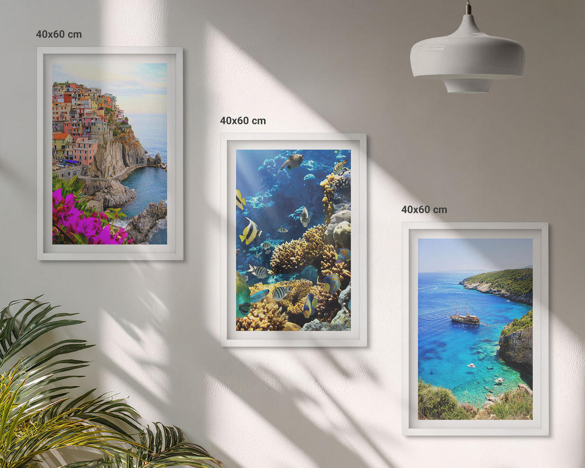 BILDER SET 3er Set - 40x60 cm Weißer Rahmen - Meerblick, farbenfrohe Häuser - Weiß, Kunststoff (40/60cm) - TULUP