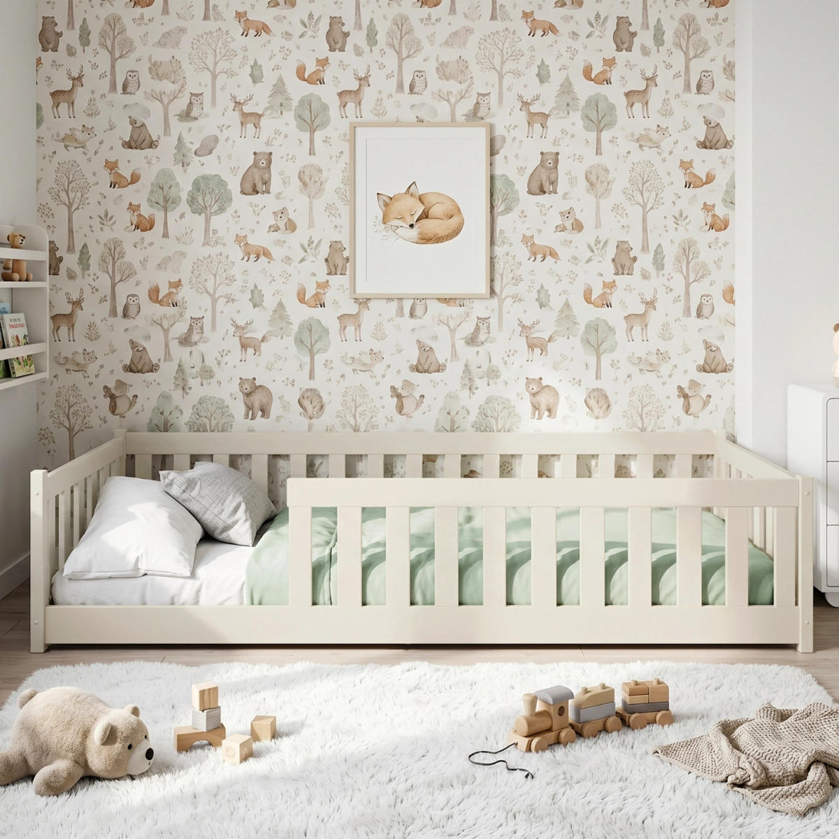 BODENBETT 90x200 cm in Baumwolle - Beige, Holz (90/200cm) - Kids Collective