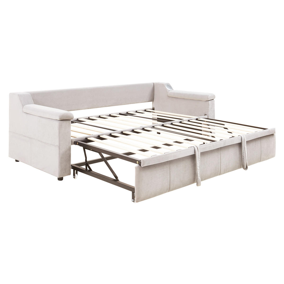 AUSZIEHBETT 90/190 cm beige mit Bluetooth-Stereoanlage und Ablagefächern - Weiß, Textil (90/190cm) - OKWISH