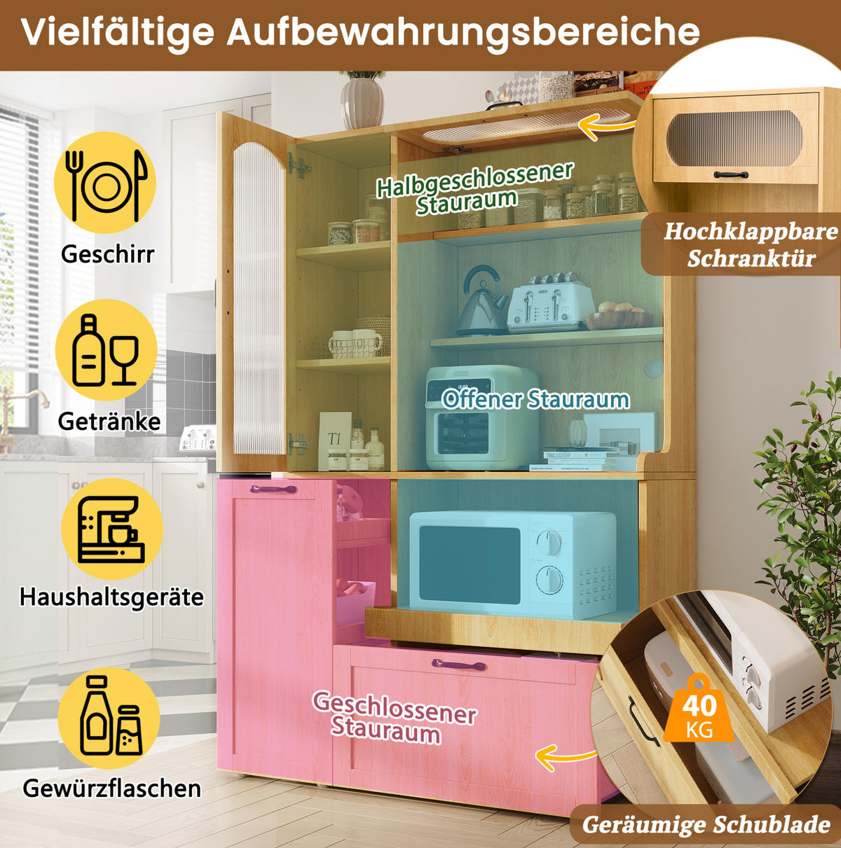 HIGHBOARD mit Schubladen 98/40/177 cm in Natur mit Riffelglas - Naturfarben, Holzwerkstoff (98/177/40cm) - BEAOK