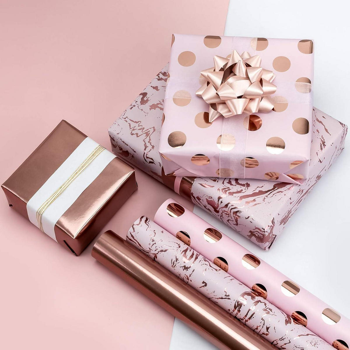 GESCHENKPAPIER 3-teiliges Set Rosa Marmor Tupfen Streifen 43,2 cm - Multicolor, Papier (12/21/27cm)