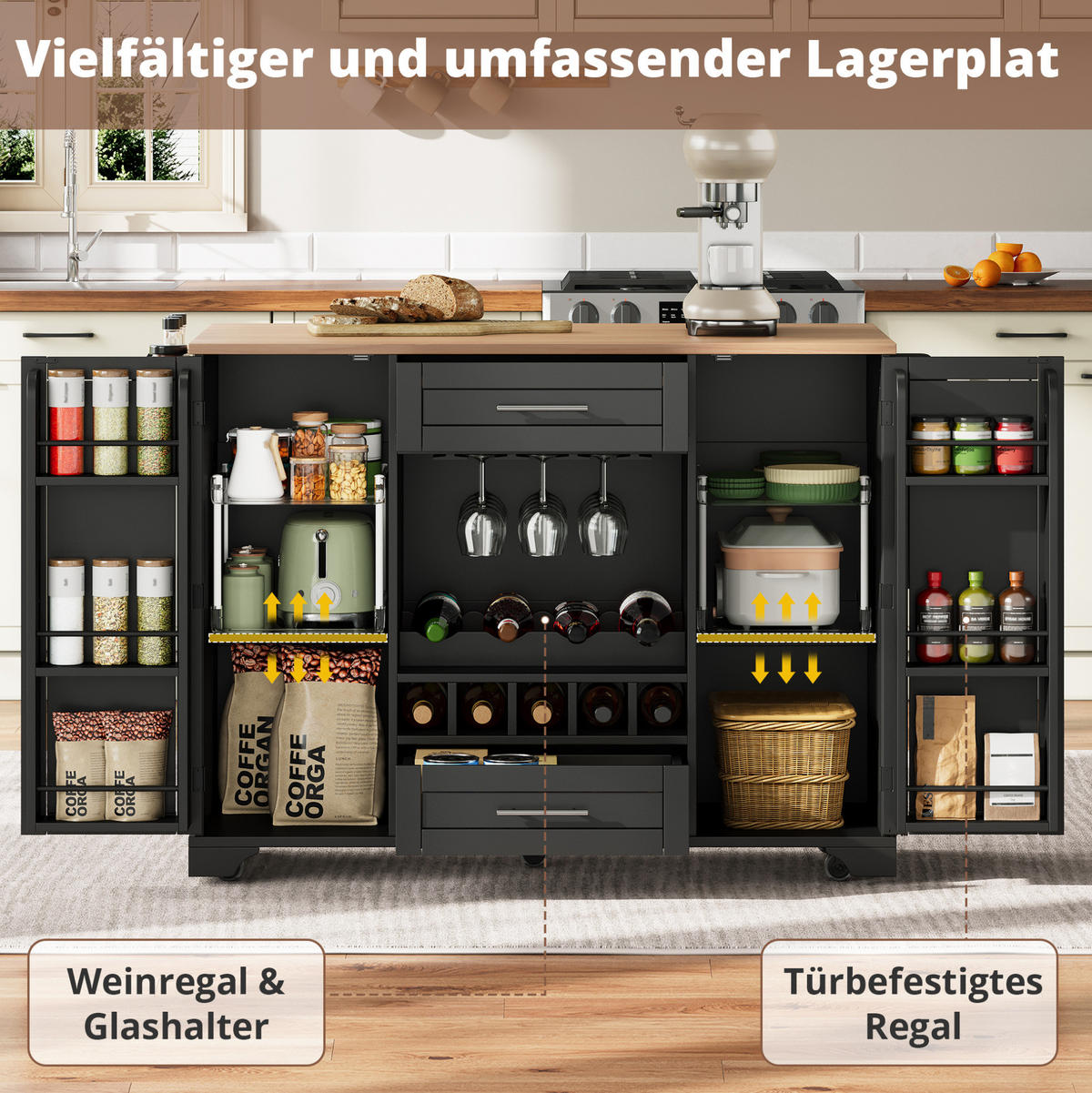 KÜCHENINSELWAGEN 138x70x92cm Schwarz mit Schubladen & 5 Rollen - Schwarz, Holzwerkstoff (138/92/70cm) - Modfu