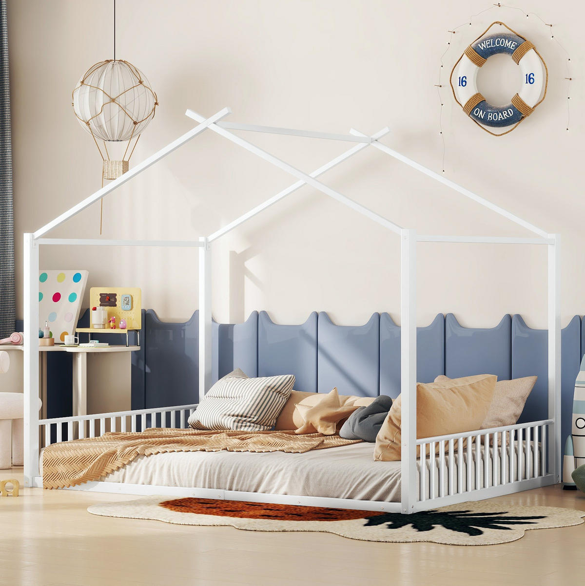 HAUSBETT 140/200 cm aus Metall in Weiß, Hausform, ohne Matratze - Weiß, Metall (140/200cm) - OKMYHOME