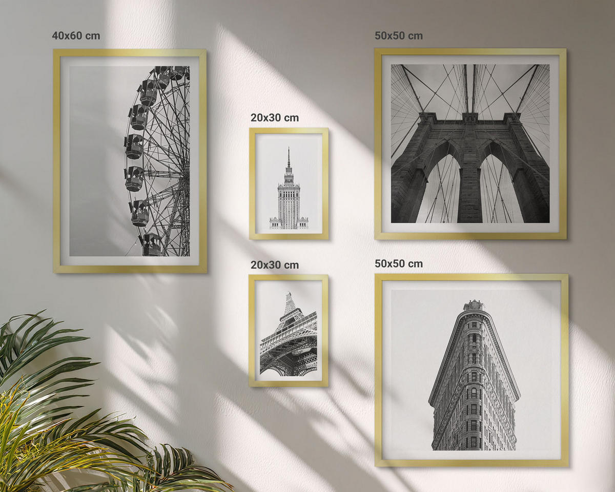 BILDER SET 5er Set - 50x50 cm & 20x30 cm & 40x60 cm Goldrahmen - Architektur Schwarz-Weiß-Minimalismus - Goldfarben, Kunststoff (40/60cm) - TULUP