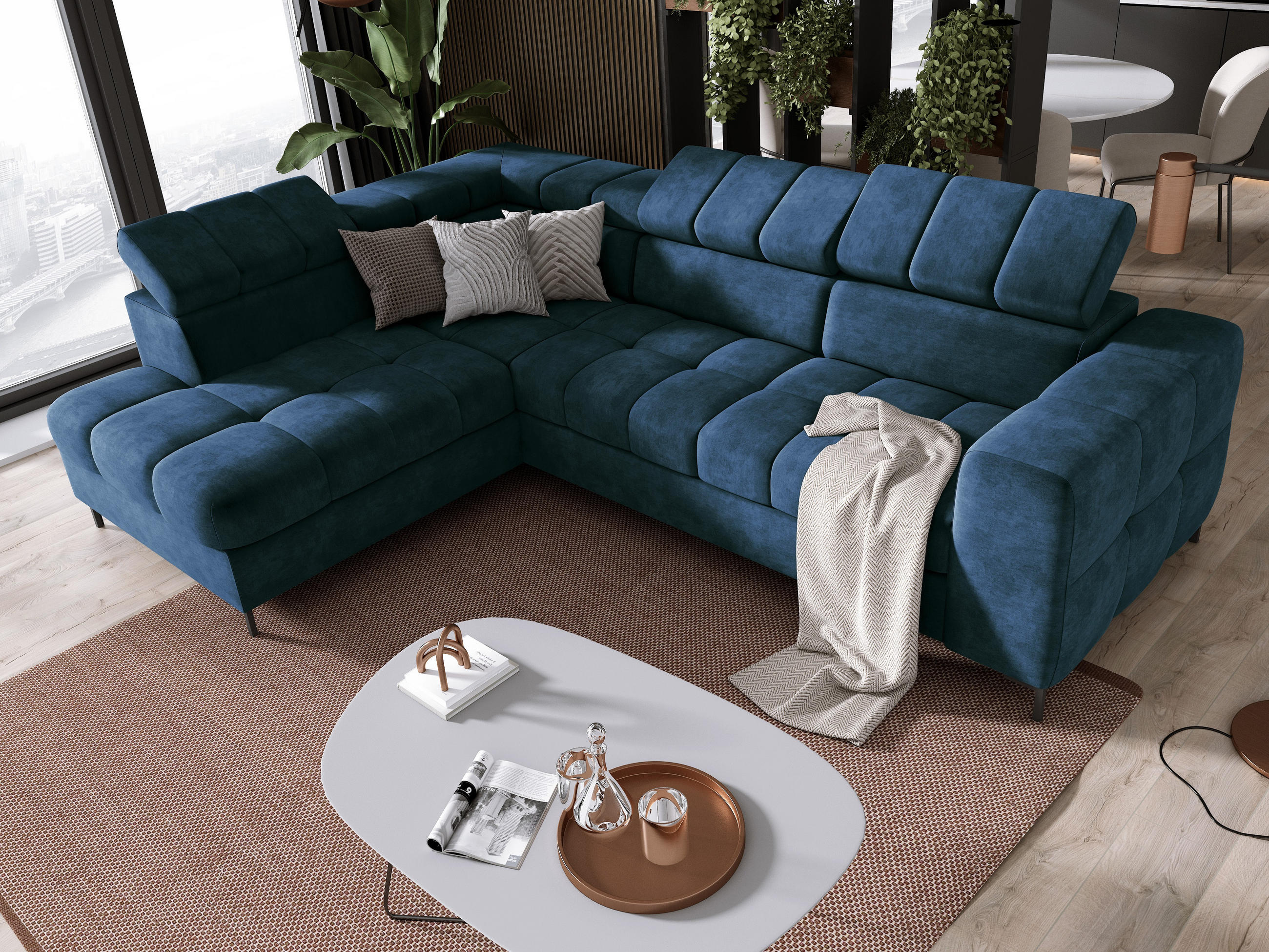 ECKSOFA PABLOS Cloud, L-förmig, Moderne, mit verstellbarem Kopfteil, Schlaf- & Lagermöglichkeiten, freistehend, LINKS 201x279x97 cm Blue - Blau, Holz/Textil (201/279cm) - DomoHome